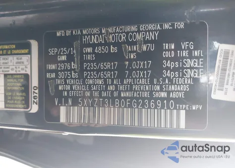 2015 Hyundai Santa Fe Sport 2.4L из США, поврежденный, VIN 5XYZT3LB0FG236910